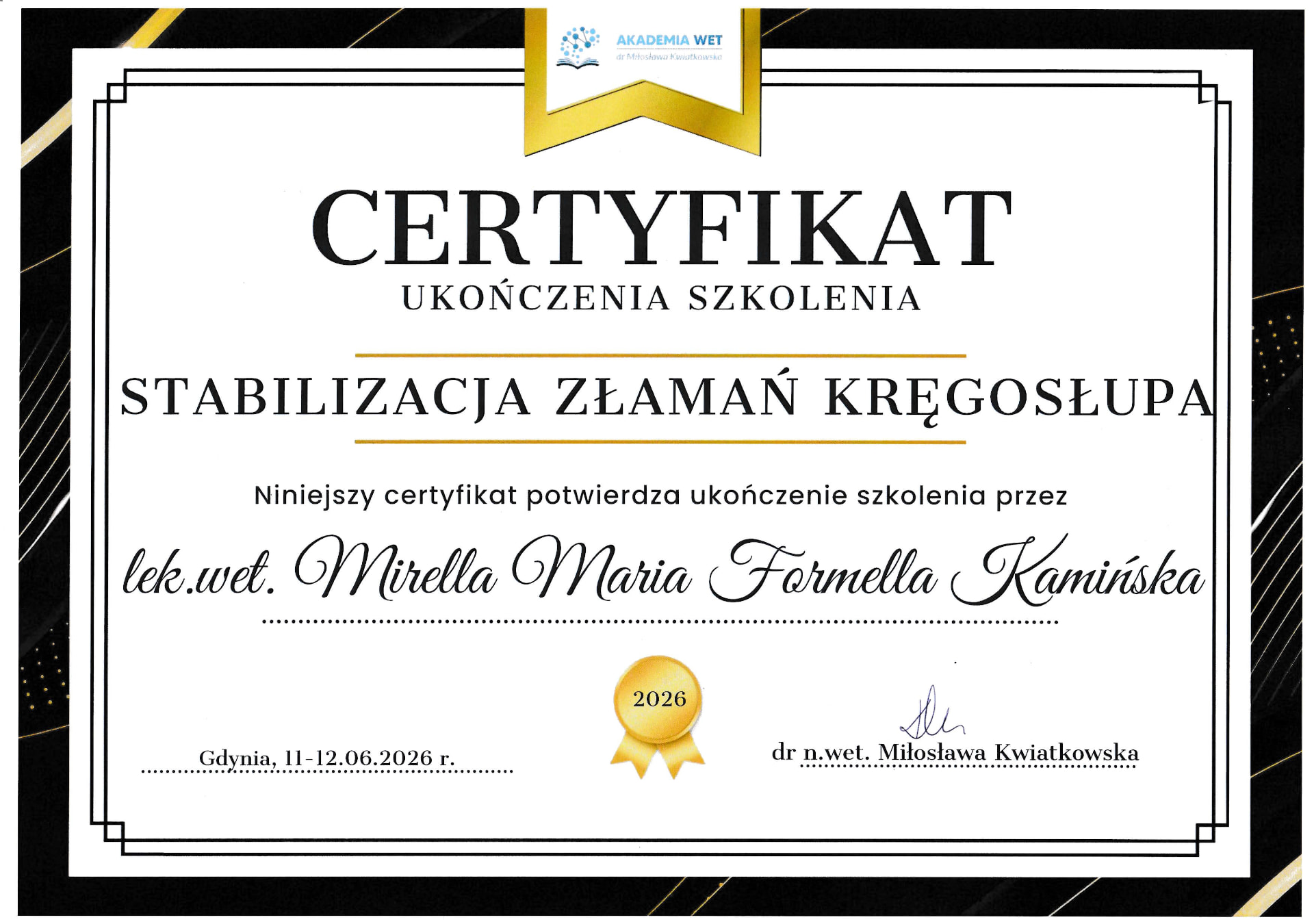 Certyfikat szkolenia: Stabilizacja złamań kręgosłupa
