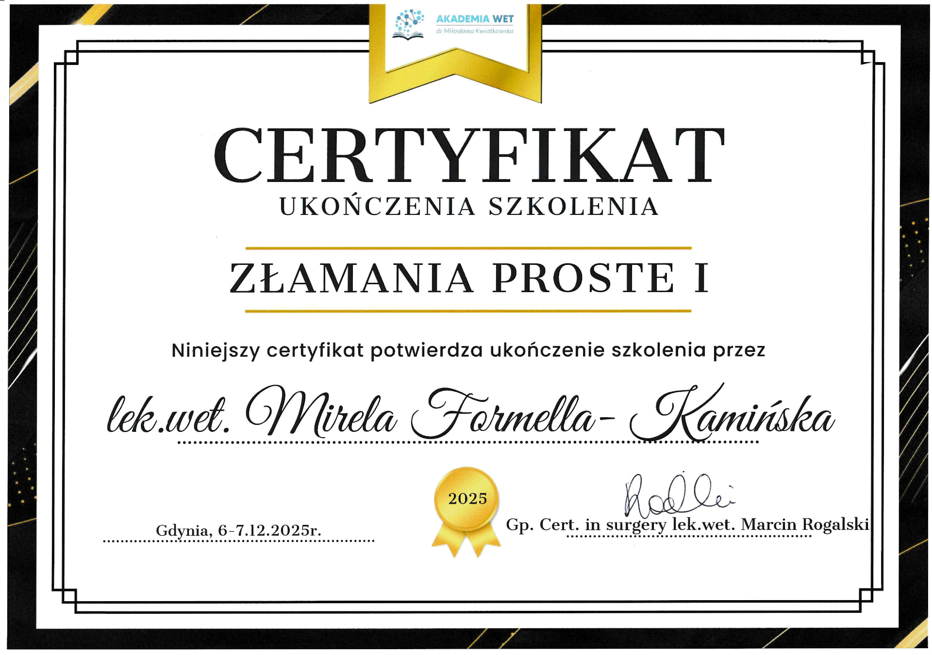 Certyfikat szkolenia: Złamania proste I